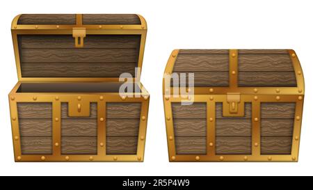 Scrigno del tesoro. Cassetta del tesoro vuota, cassettiere antiche in legno medievale aperte e chiuse. Illustrazione vettoriale. EPS 10. Illustrazione Vettoriale