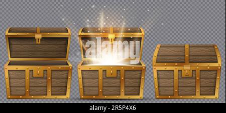 Set di cassettoni in legno con coperchio aperto e chiuso, pieni di monete dorate lucenti. Illustrazione vettoriale. EPS 10. Illustrazione Vettoriale