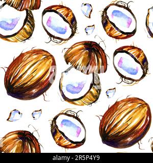 Acquerello con motivo di cocco estivo su sfondo bianco. Foto Stock