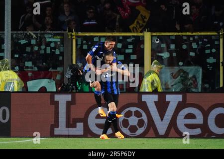 Bergamo, Italia. 04th giugno, 2023. Teun Koopmeiners (Atalanta BC) festeggia il suo gol durante il campionato italiano Serie Una partita di calcio tra Atalanta BC e AC Monza il 4 giugno 2023 allo Stadio Gewiss di Bergamo - Credit: Luca Rossini/e-Mage/Alamy Live News Credit: Luca Rossini/e-Mage/Alamy Live News Foto Stock