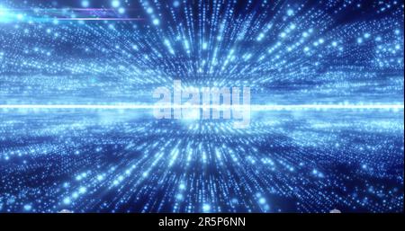 Linee astratte di energia blu hi-tech e particelle digitali volano in un tunnel con effetto bokeh sfondo luminoso. Foto Stock