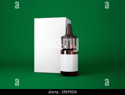 Flacone contagocce in vetro ambrato mockup su sfondo verde, rendering 3D Foto Stock