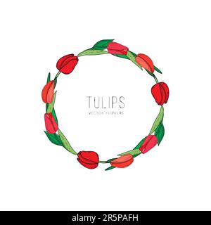 Struttura floreale vettoriale disegnata a mano con tulipani, rami e foglie di fiori rossi. Elegante modello con logo. Illustrazione Vettoriale