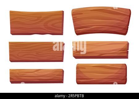 set tavola di legno, cornice gioco ui asset testurizzato pezzo di tavola, pulsante in stile cartone animato isolato su sfondo bianco. telaio per massaggio, decorazione. Illustrazione vettoriale dell'interfaccia utente del gioco Illustrazione Vettoriale