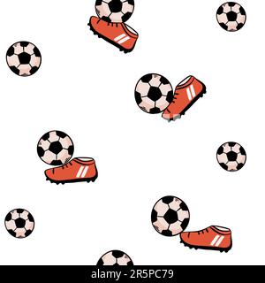 Modello senza cuciture con palline da calcio su un campo verde. Palline da calcio disegnate a mano e campo di erba a strisce da calcio. Illustrazione vettoriale per la progettazione di Illustrazione Vettoriale