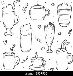 Set di bevande calde e frullati disegnati a mano. Tè, caffè, cappuccino, frullati rinfrescanti e cocktail. Illustrazione dello schizzo con inchiostro scarabocchio. Bicchiere in vetro, bicchiere Illustrazione Vettoriale