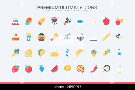 Menu ristorante e caffè, caffè con torta o ciambella, sushi e tagliatelle, verdure sane o pizza e pollo. Cibo e bevande icone piatte alla moda set vettore illustrazione Illustrazione Vettoriale