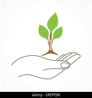 Semplice grafica di una mano che tiene un giovane simbolo di albero Illustrazione Vettoriale