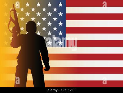 Illustrazione della silhouette di un soldato di bassa angolazione sparato sulla bandiera americana Illustrazione Vettoriale