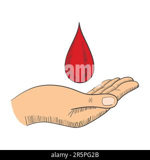 Semplice grafica di una mano con il simbolo della goccia di sangue. Cura, donazione, donatore, concetto di carità Illustrazione Vettoriale