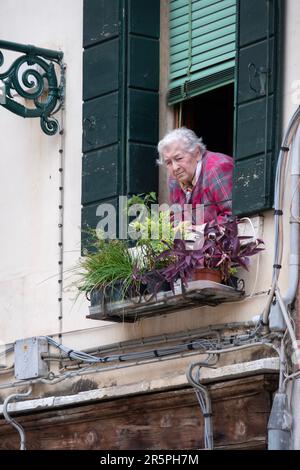 Un vecchio donne veneziano nel profondo del pensiero come lei sguardi al di fuori della sua finestra a Campo Marina a Venezia, Italia. Foto Stock