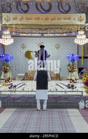 Un sikh pries (primo piano) conduce un servizio mentre un secondo sacerdote ondeggia il suo flan giallo cerimoniale sulla bibbia sikh. In un tempio di Queens, New York Foto Stock