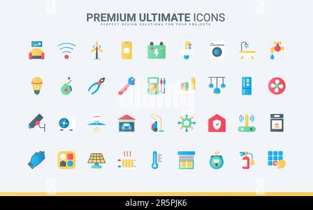 Apparecchi elettrici e dispositivi per il controllo di energia, temperatura e illuminazione, sorveglianza a distanza e aria condizionata, frigorifero. Sistemi domestici intelligenti icone piatte alla moda impostare l'illustrazione vettoriale Illustrazione Vettoriale