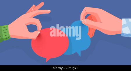 Mani che tengono una bolla di chat. Concetto di comunicazione. Contorno stile cartone animato. Illustrazione vettoriale Illustrazione Vettoriale