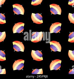 Parte superiore rotante. Giocattoli per bambini motivo senza cuciture su sfondo scuro. Acquerello disegnato a mano. Design per tessuti, prodotti cartacei Foto Stock