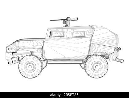 Trasporto camion esercito per l'operazione vettore guerra disegno illustrazione. Camion nel deserto. Auto blindata leggera. Delineare il SUV militare. Veicolo fuoristrada. Ve Illustrazione Vettoriale