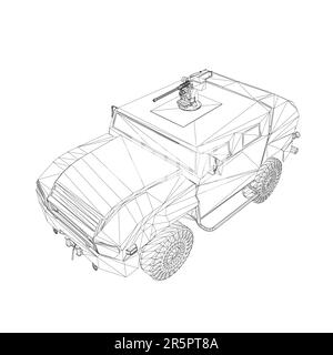 Trasporto camion esercito per l'operazione vettore guerra disegno illustrazione. Camion nel deserto. 3D macchina blindata. SUV militare wireframe. Veicolo fuoristrada. VEC Illustrazione Vettoriale