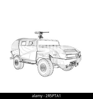 Trasporto camion esercito per l'operazione vettore guerra disegno illustrazione. Camion nel deserto. Auto blindata leggera. Delineare il SUV militare. Veicolo fuoristrada. Ve Illustrazione Vettoriale