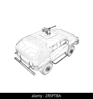 Trasporto camion esercito per l'operazione vettore guerra disegno illustrazione. Camion nel deserto. Auto blindata leggera. Delineare il SUV militare. Veicolo fuoristrada. Ve Illustrazione Vettoriale