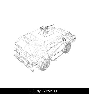 Trasporto camion esercito per l'operazione vettore guerra disegno illustrazione. Camion nel deserto. 3D macchina blindata. SUV militare wireframe. Veicolo fuoristrada. VEC Illustrazione Vettoriale