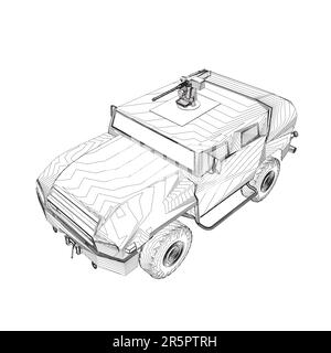 Trasporto camion esercito per l'operazione vettore guerra disegno illustrazione. Camion nel deserto. Auto blindata leggera. Delineare il SUV militare. Veicolo fuoristrada. Ve Illustrazione Vettoriale