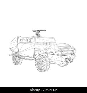 Trasporto camion esercito per l'operazione vettore guerra disegno illustrazione. Camion nel deserto. 3D macchina blindata. SUV militare wireframe. Veicolo fuoristrada. VEC Illustrazione Vettoriale