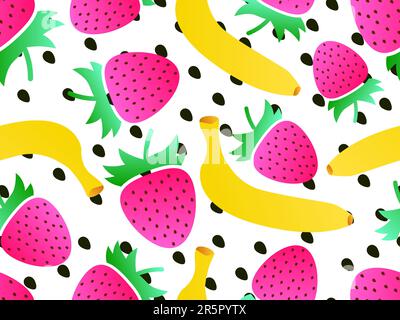 Motivo senza cuciture con banane e fragole, colori sfumati. Mix estivo di frutti di bosco con banane e fragole su fondo bianco. Progettazione per Illustrazione Vettoriale