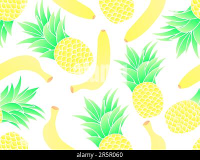 Motivo senza cuciture con banane e ananas, colori sfumati. Mix di frutta estiva con ananas e banana su sfondo bianco. Design per la stampa, bann Illustrazione Vettoriale