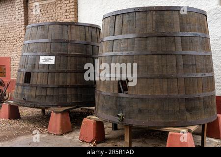 Botti di rovere da 10.000 litri importate dalla Francia negli anni '1880s presso l'azienda vinicola la Abeja, San Rafael, Mendoza, Argentina. La Abeja è la più antica cantina di SA Foto Stock