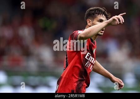 Milano, Italia. 04th giugno, 2023. Brahim Diaz di AC Milan gesti durante la Serie Una partita di calcio tra AC Milan e Hellas Verona allo Stadio Giuseppe Meazza il 4 giugno 2023 a Milano. Credit: Marco Canoniero/Alamy Live News Foto Stock