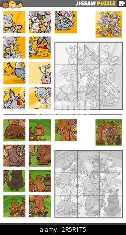 Cartoon illustrazione di attività didattiche puzzle jigsaw set con orsi e topi gruppo di personaggi animali Illustrazione Vettoriale