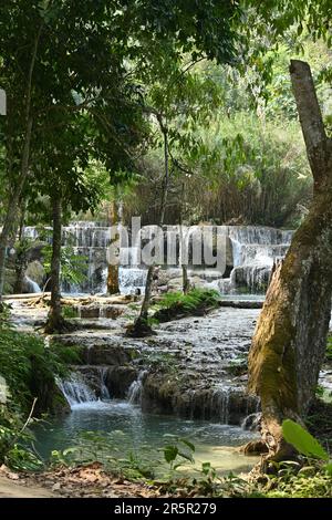 Vista delle cascate di Kuang si, una cascata a tre livelli a circa 29km km a sud di Luang Prabang, Laos Foto Stock