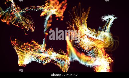 Rendering 3D di un colorato sistema astratto di particelle e plesso su sfondo scuro. Adatto per l'aspetto di testo, logo o altri grafici Foto Stock