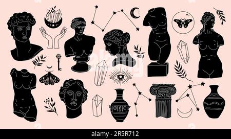 Set mistico scultura greca antica. Illustrazioni disegnate a mano di antiche statue classiche in stile bohémien alla moda. Tatuaggio boho art. Teste, ramo, vaso Illustrazione Vettoriale