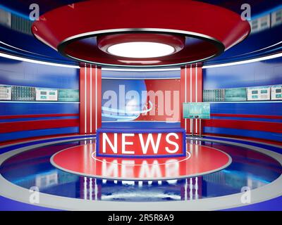 Sala notizie con scrivania e palco, per trasmettere notizie mondiali su canali televisivi internazionali. Moderno studio di notizie per il programma di intrattenimento, design cinematografico. animazione di rendering 3d. Foto Stock
