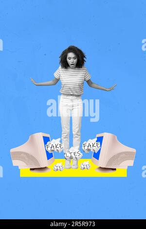 Verticale astratto collage foto composito di ragazza senza parole confuso guardare incredibile disinformazione isolato su sfondo di colore blu Foto Stock