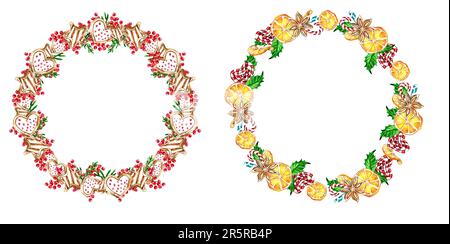 Corona di Natale con rami di abete. Illustrazione disegnata a mano in acquerello per inviti, biglietti d'auguri, stampe, confezioni e altro ancora. Buon natale un Foto Stock