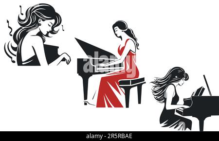 Imposta pianista suonando il piano semplice vettore nero silhouette illustrazione. Illustrazione Vettoriale