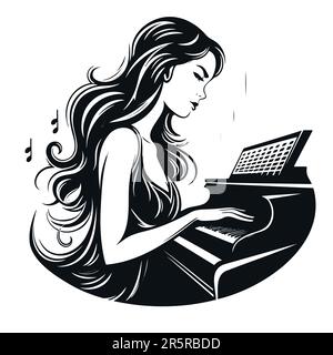 Ragazza pianista suonare il piano semplice nero vettore silhouette illustrazione. Illustrazione Vettoriale