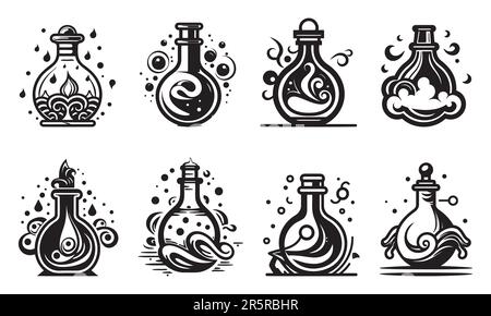 Silhouette di una bottiglia con una collezione di elisir magico o veleno. Illustrazione vettoriale vaso mistica. Illustrazione Vettoriale