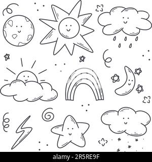 Tracciato a mano carino meteo set. Illustrazione di schizzi di fenomeni naturali - temporale, pioggia, sole, luna, stelle, arcobaleno. Raccolta di caratteri semplici Illustrazione Vettoriale