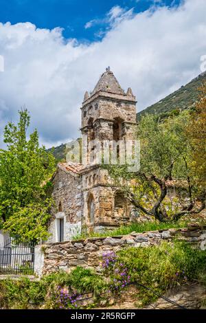 Chiesa medievale nel villaggio di Nomitsi, Mani Messenian, Exo mani, penisola del Peloponneso, regione del Peloponneso, Grecia Foto Stock