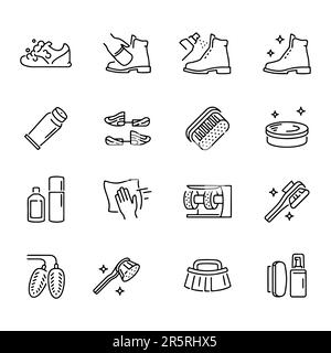 Prodotti per la pulizia e la cura delle scarpe icone a linea sottile set isolato Illustrazione Vettoriale
