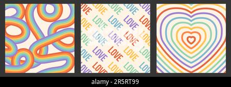 Set di striscioni quadrati astratti colorati arcobaleno. Sfondi funky per il mese dell'orgoglio LGBT. Modello post retro groovy sui social media Illustrazione Vettoriale
