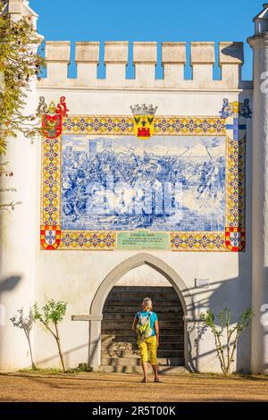 Portogallo, regione dell'Alentejo, Beja, Gago Coutinho et Sacadura Cabral giardino pubblico, pannello Azulejos che rappresenta la morte di Gonzo Mendes da Maia o del Lidador durante la sua ultima battaglia, cavaliere portoghese e una delle grandi figure storiche di Beja Foto Stock