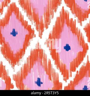 Motivo senza cuciture disegnato a mano con stampa tradizionale indonesiana IKAT etnica. Blu rosa arancione astratto strisce geometriche linee design metà secolo moderno splash stroke vivace stampa con Foto Stock