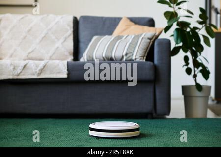 Primo piano dell'aspirapolvere robot che aspira il tappeto nel soggiorno Foto Stock