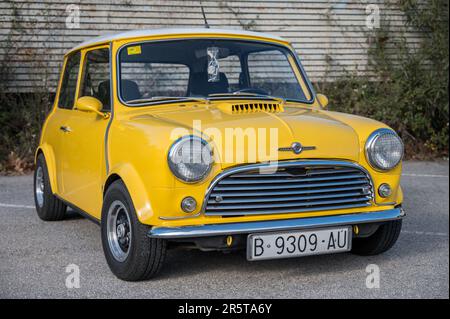 Vista frontale di un classico Morris Mini Cooper S 1300 giallo con tetto bianco Foto Stock