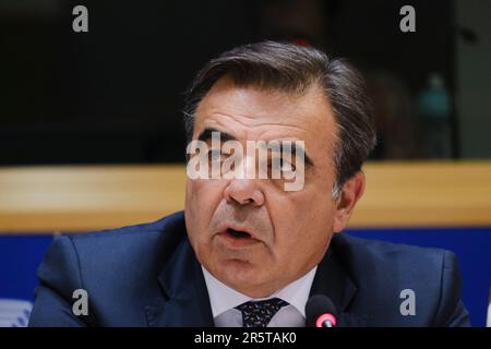 Bruxelles, Belgio. 05th giugno, 2023. Margaritis SCHINAS, Vicepresidente della Commissione europea e Ylva JOHANSSON, Commissario europeo, partecipano alla Commissione LIBE del Parlamento europeo a Bruxelles, in Belgio, il 5 giugno 2023. Credit: ALEXANDROS MICHAILIDIS/Alamy Live News Foto Stock