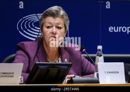 Bruxelles, Belgio. 05th giugno, 2023. Margaritis SCHINAS, Vicepresidente della Commissione europea e Ylva JOHANSSON, Commissario europeo, partecipano alla Commissione LIBE del Parlamento europeo a Bruxelles, in Belgio, il 5 giugno 2023. Credit: ALEXANDROS MICHAILIDIS/Alamy Live News Foto Stock